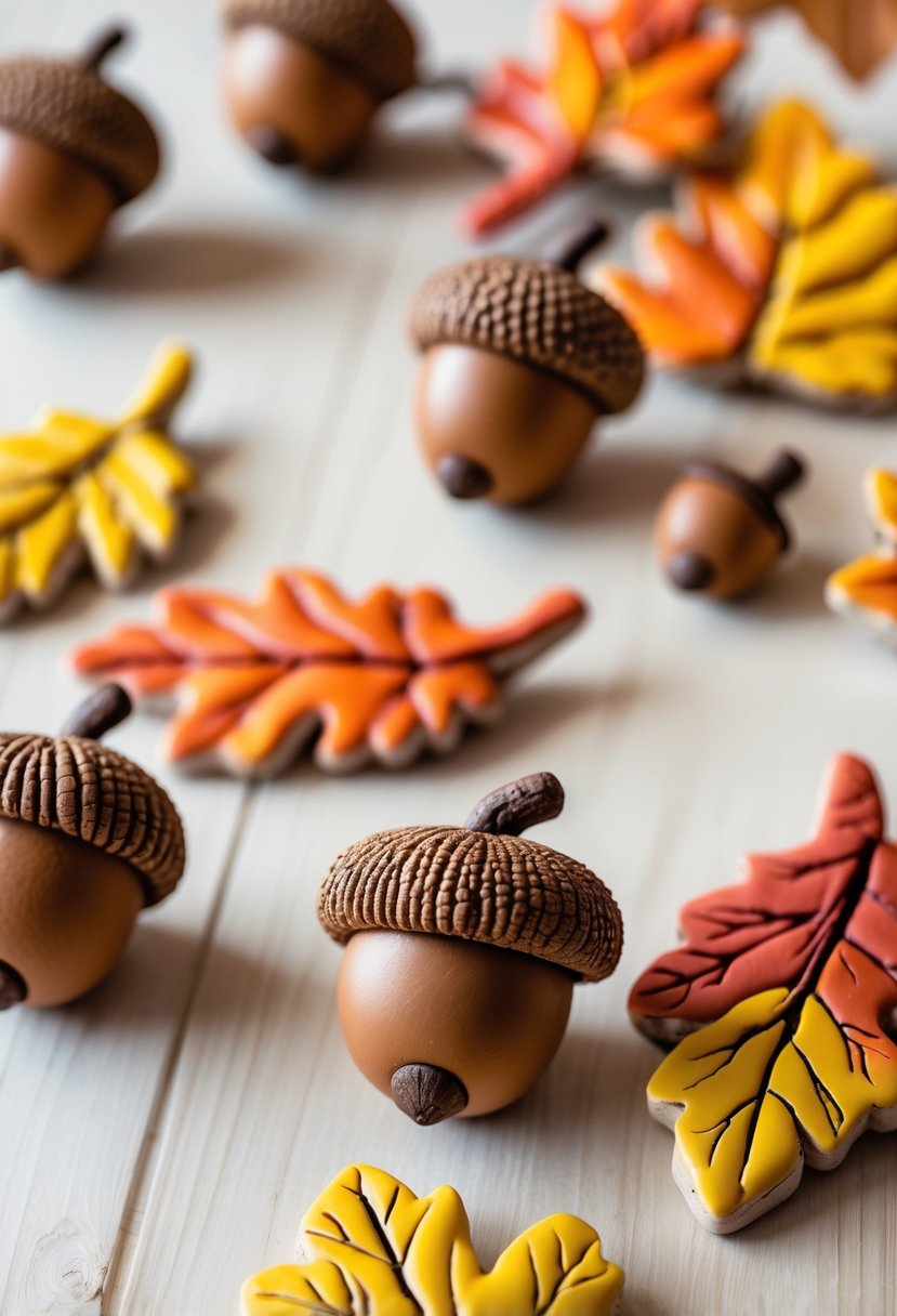 Close-up of colorful clay acorn and leaf magnets arranged on a wooden surface.