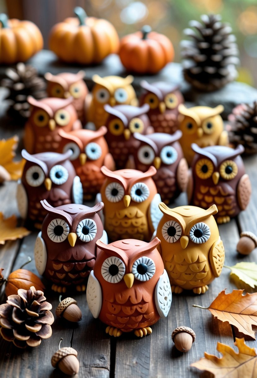 A collection of owl-shaped clay ornaments displayed on a wooden table surrounded by fall leaves, pinecones, and small pumpkins.