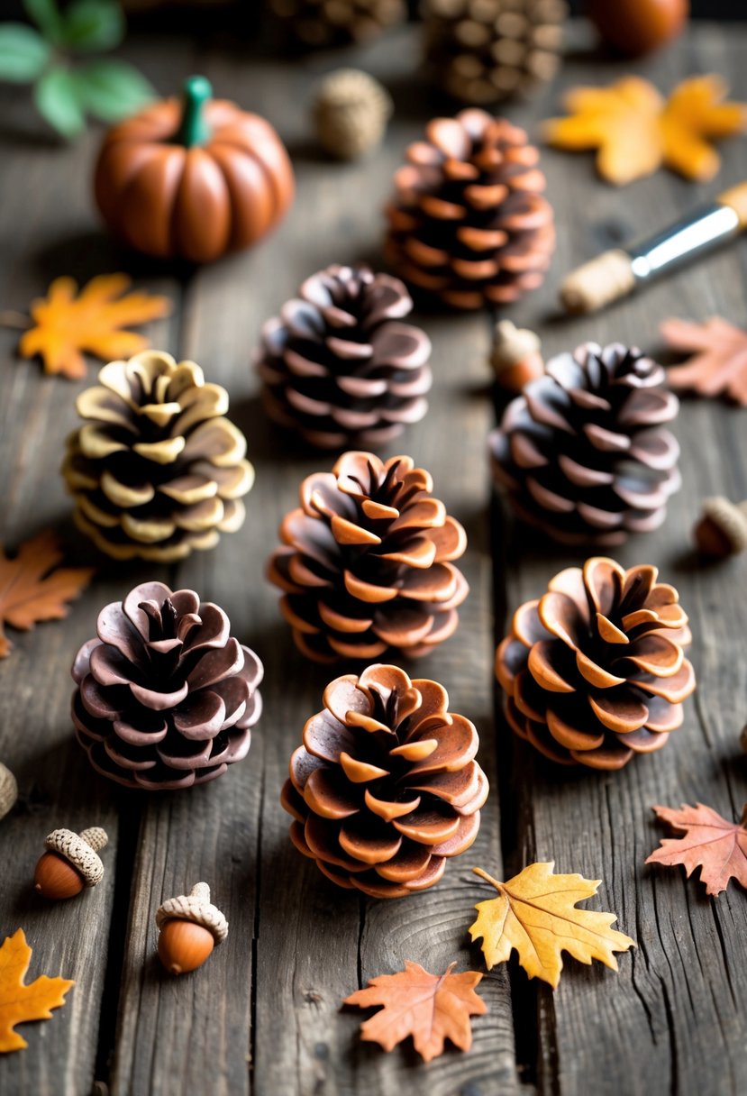 Mini clay pinecones arranged on a wooden table with fall leaves and crafting tools nearby.
