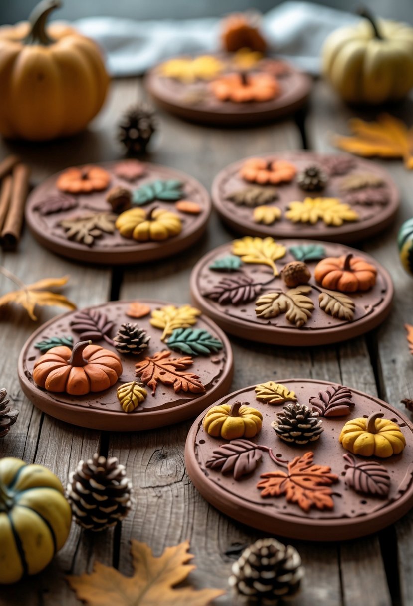 A set of textured clay coasters with fall-themed designs arranged on a wooden table surrounded by autumn leaves and small seasonal decorations.