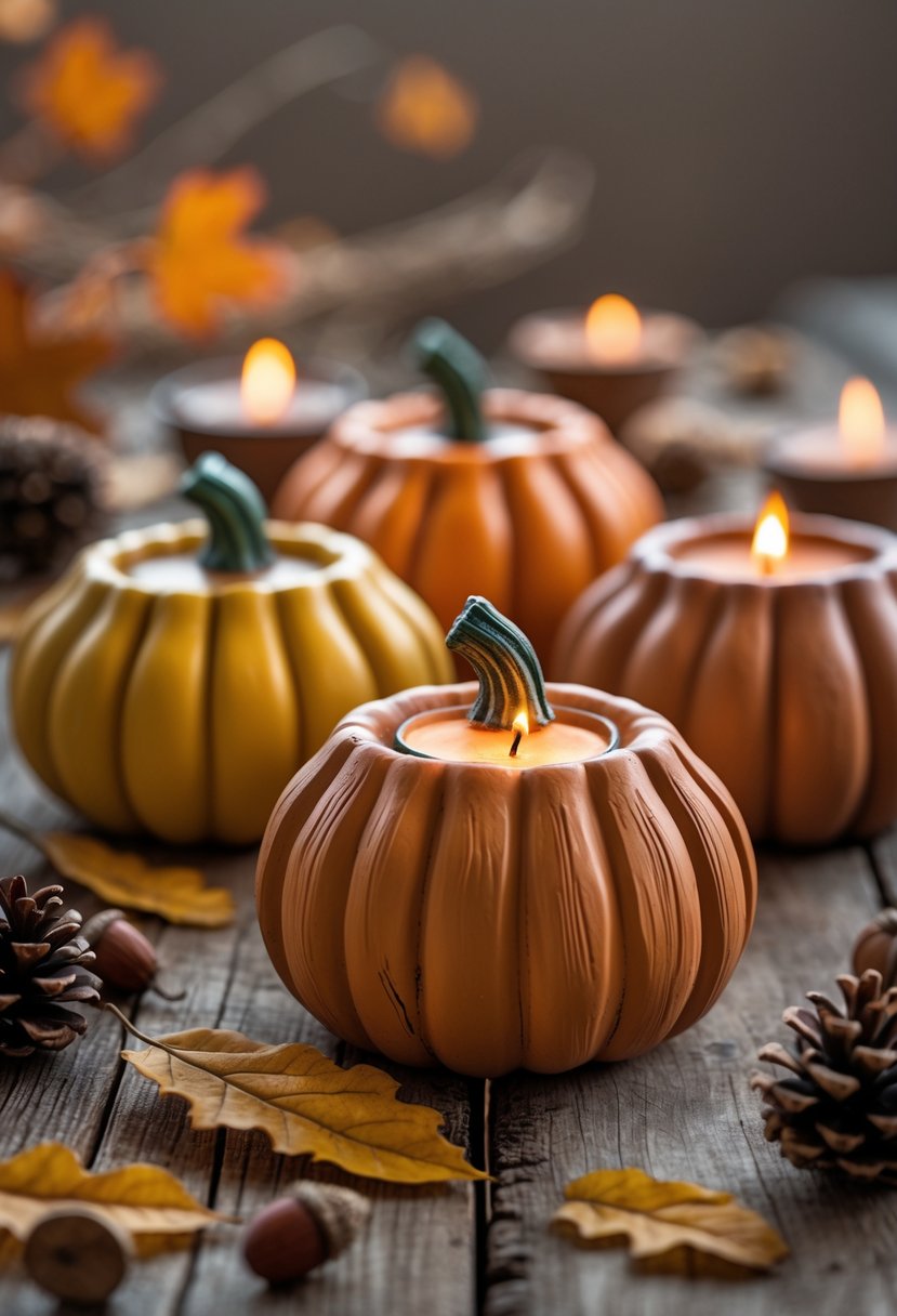 Several clay pumpkin-shaped candle holders with lit candles on a wooden table surrounded by autumn leaves and pine cones.