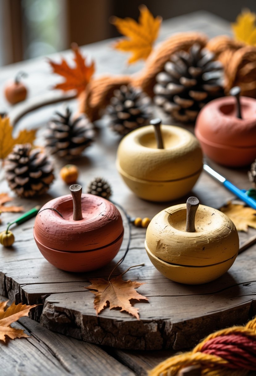 Apple-shaped clay trinket dishes in fall colors arranged on a wooden table with autumn leaves and craft supplies.