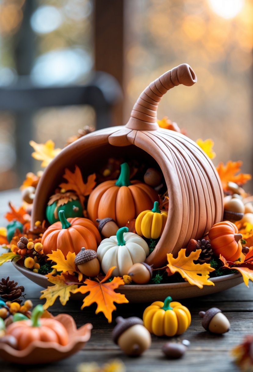 A clay cornucopia centerpiece filled with miniature pumpkins, acorns, and fall leaves on a wooden table.