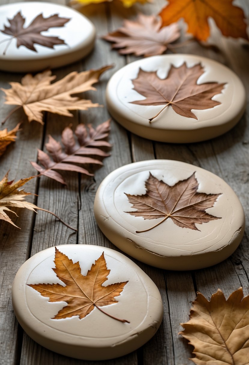 Close-up of clay slabs with detailed pressed leaf impressions of various autumn leaves on a wooden surface.