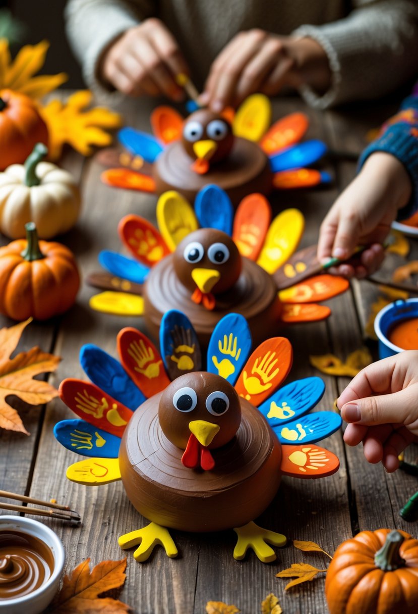 A table with colorful clay turkeys decorated with handprint details, surrounded by fall craft supplies and hands shaping and painting the turkeys.