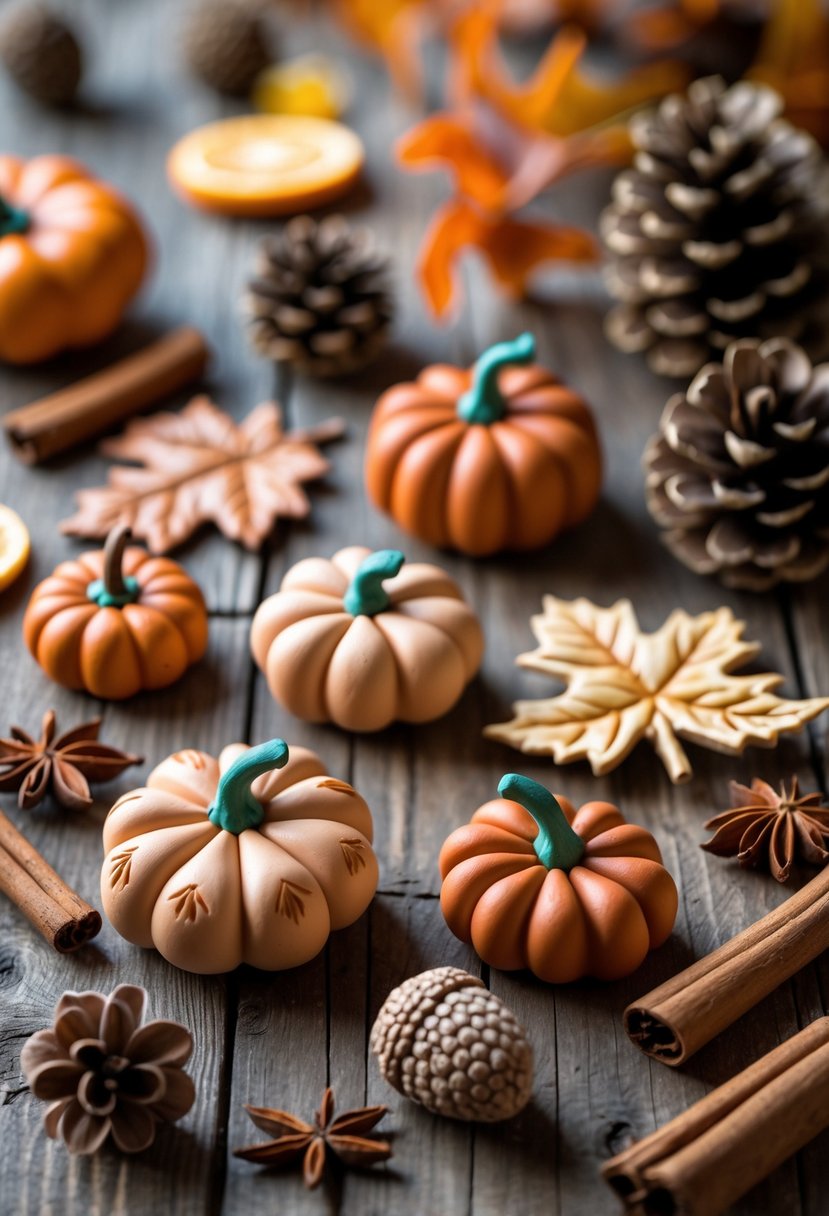 A collection of pumpkin spice-scented clay sachets shaped like pumpkins and leaves on a wooden table surrounded by cinnamon sticks, dried orange slices, and pinecones.