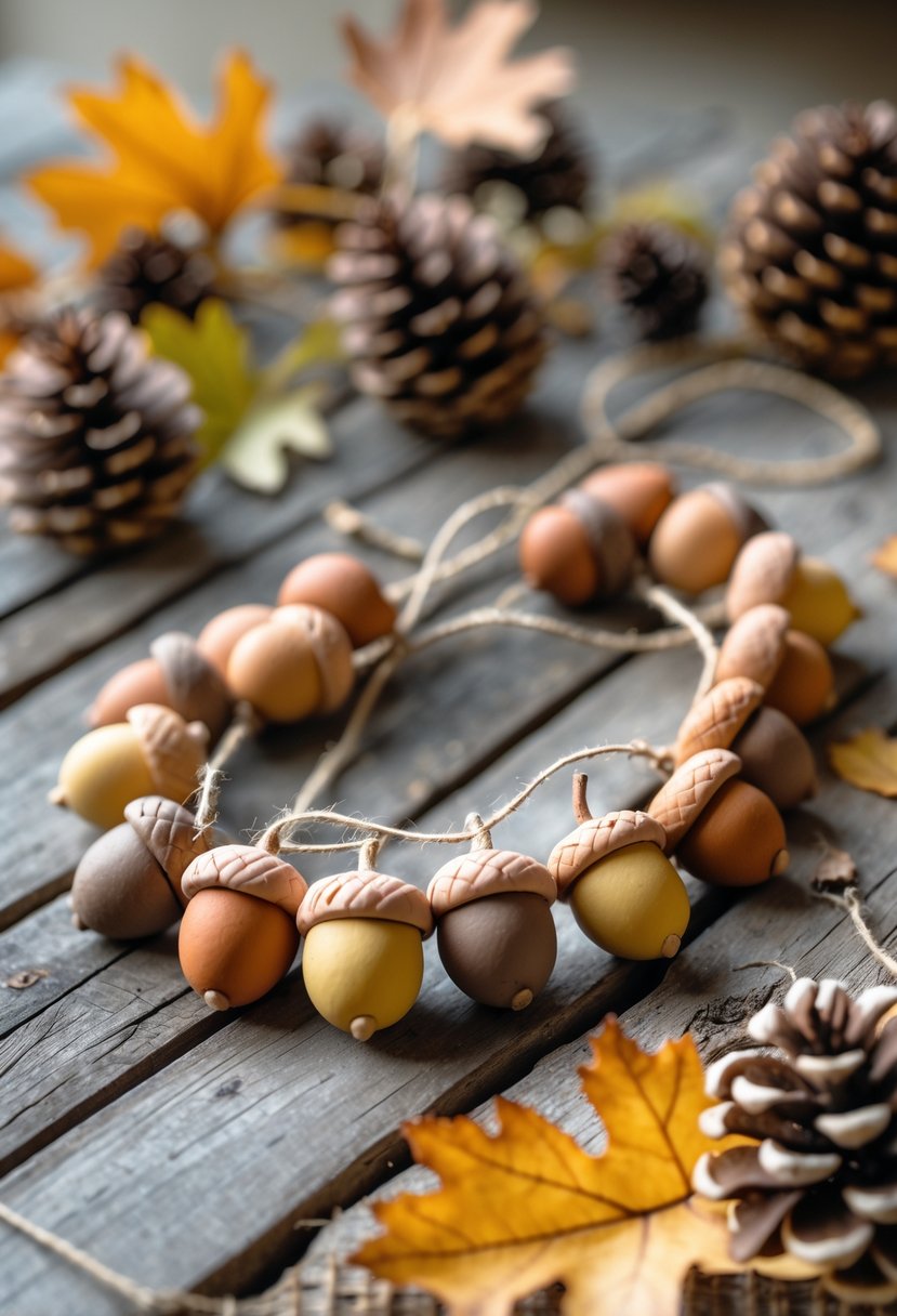 A handmade clay acorn garland laid out on a wooden surface with autumn leaves and pinecones around it.