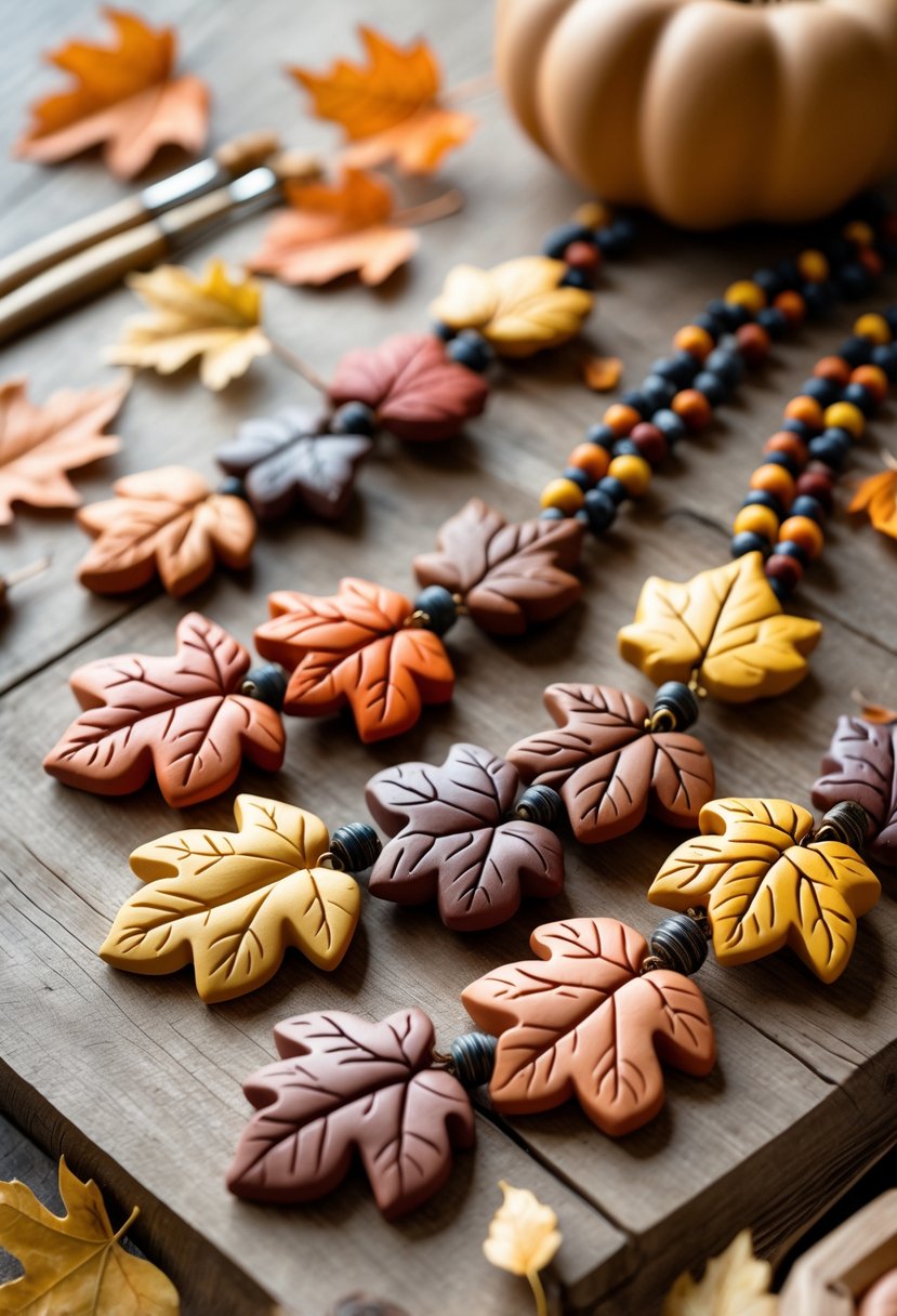 Clay leaf bead necklaces in autumn colors arranged on a wooden surface with craft materials and dried leaves nearby.
