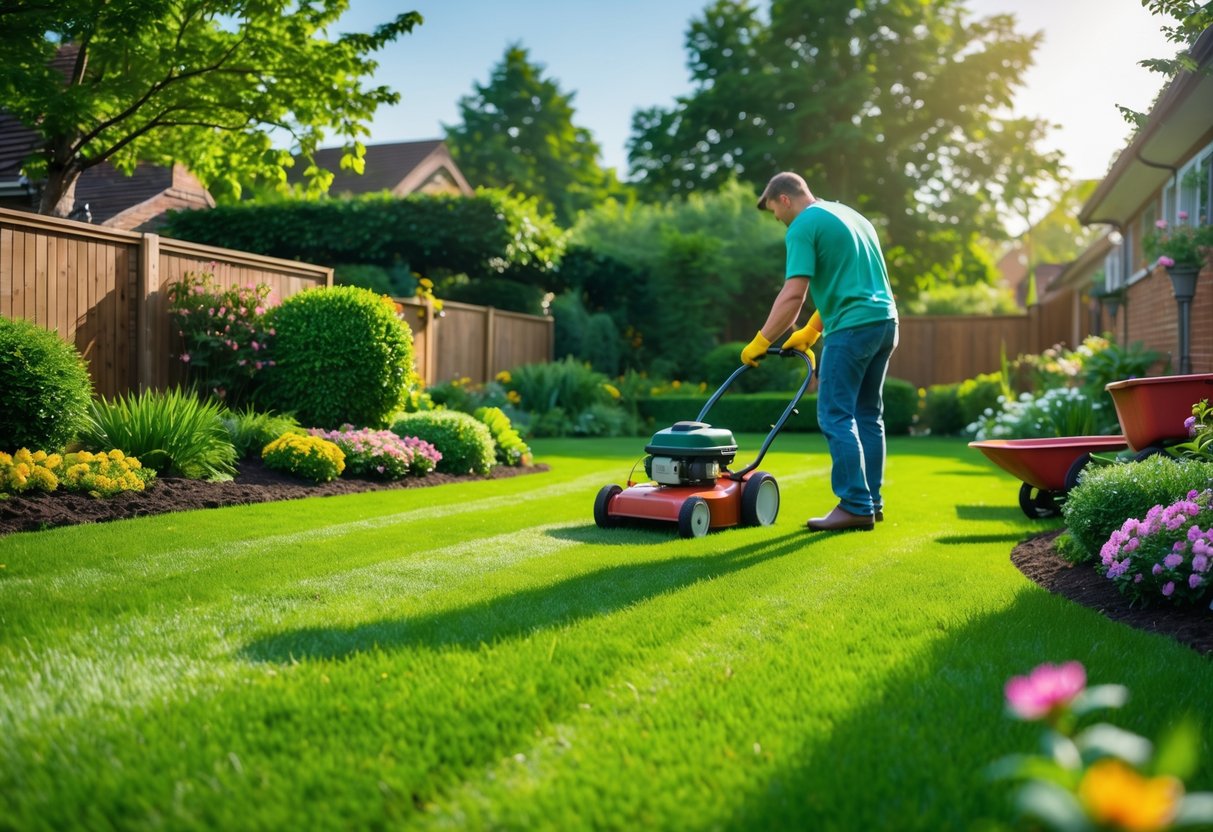 A person tending a green lawn in a backyard with flowers and shrubs under a clear sunny sky.
