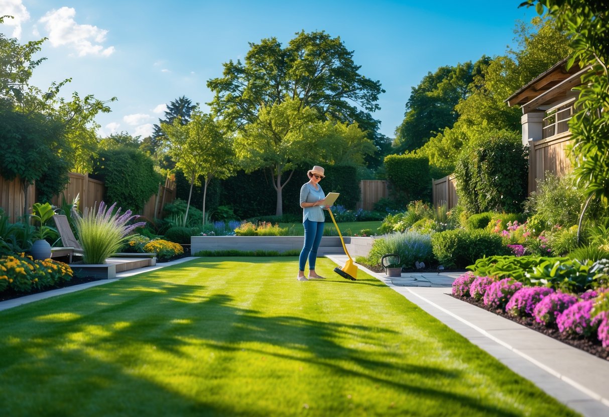 Person planning a lawn in a sunny backyard with gardening tools and flower beds.