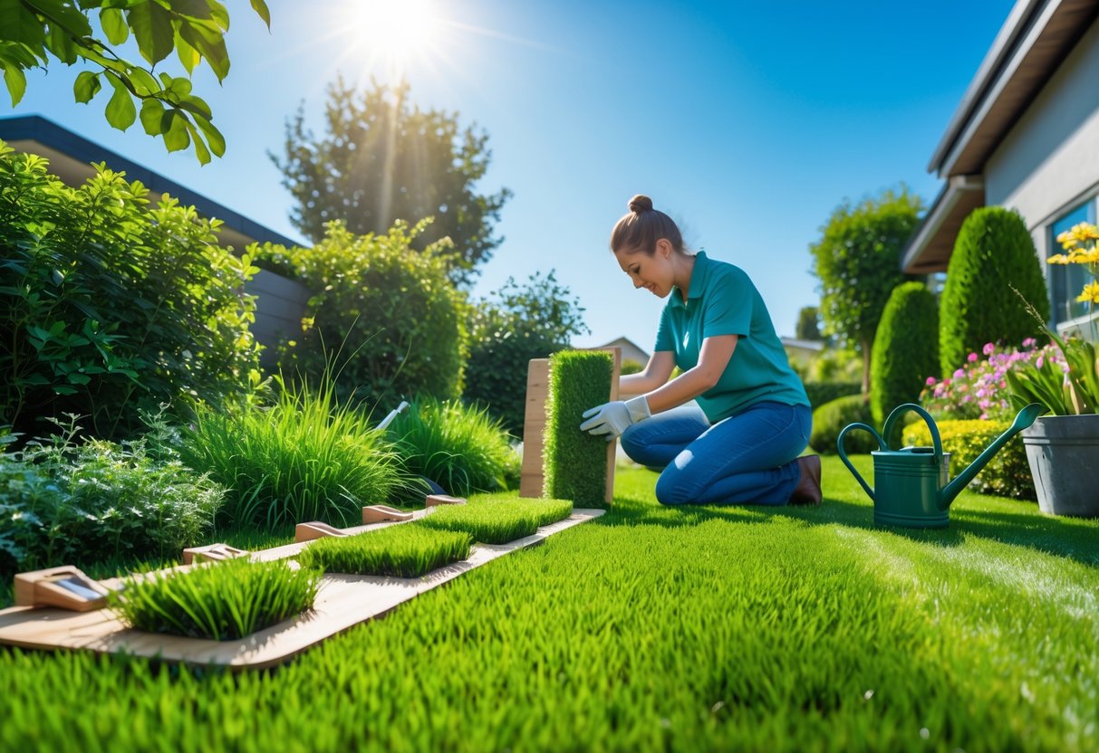 Person kneeling on a green lawn examining different grass samples with gardening tools nearby in a backyard.