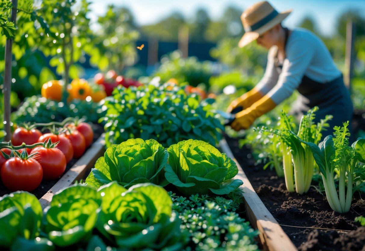A person tending to a thriving vegetable garden filled with tomatoes, lettuce, peppers, and carrots under a clear blue sky.