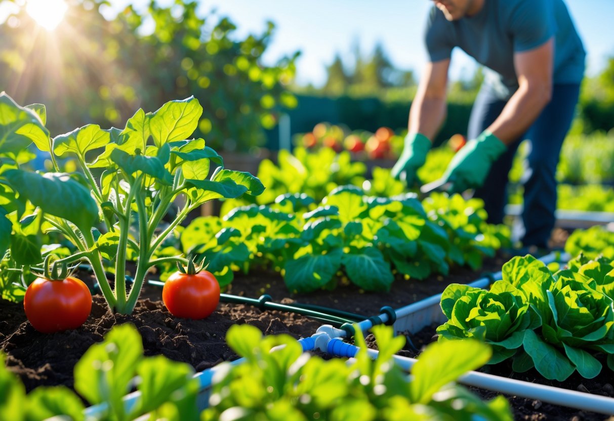 A thriving vegetable garden with healthy plants being watered under bright sunlight, with a gardener tending to the plants.