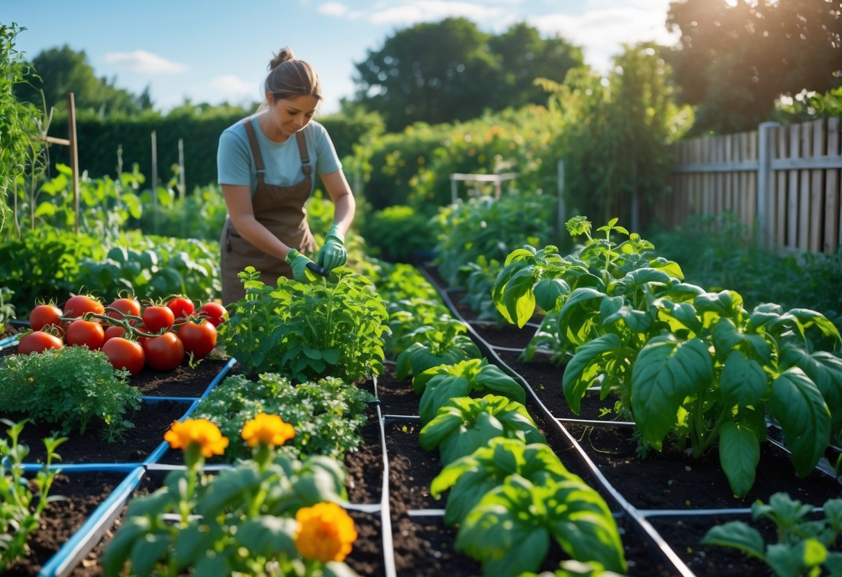 A gardener tending to a thriving vegetable garden with various healthy plants growing in organized rows under a bright sky.