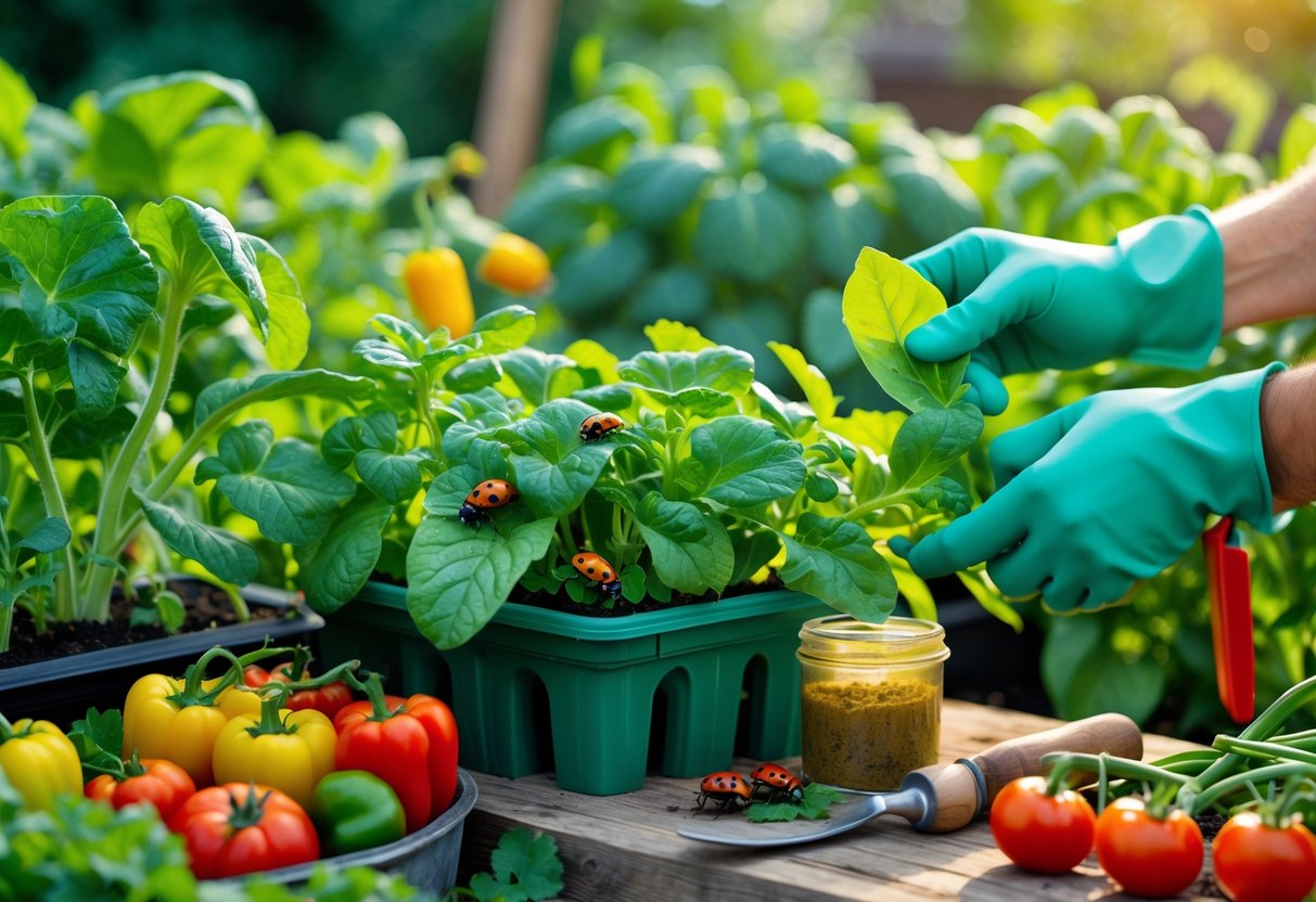 A gardener inspecting healthy vegetable plants in a sunny garden with visible vegetables and natural pest control elements.