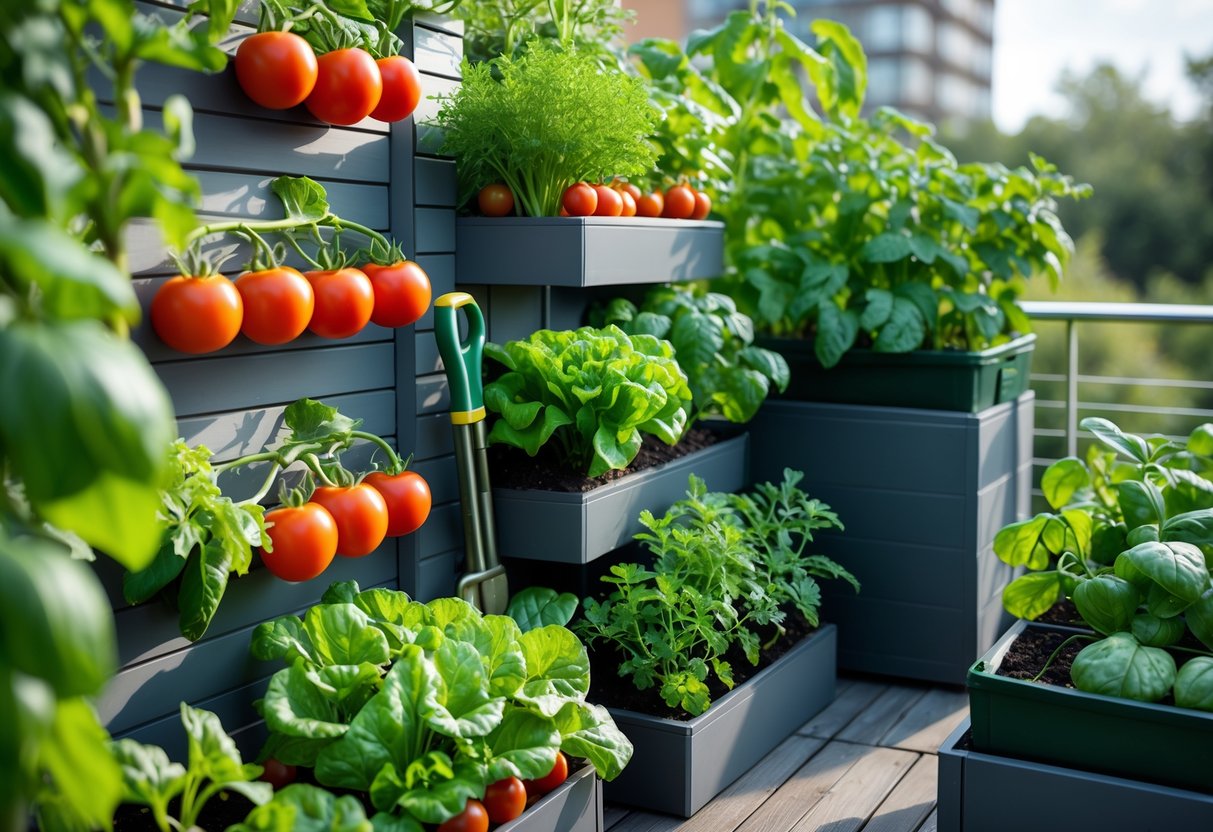 A small urban garden with vertical planters and raised beds full of healthy vegetables and herbs in a sunny outdoor space.