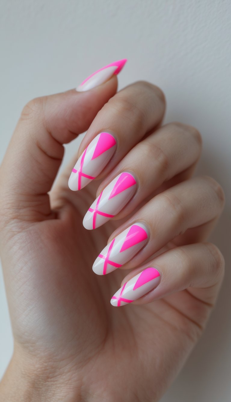 Close-up of one hand with neon pink triangle nail art on each nail against a white background.