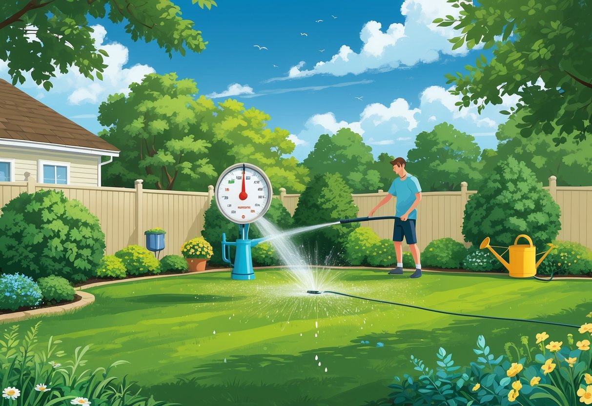 A homeowner watering a lush green lawn with a sprinkler system in a suburban backyard with healthy plants and garden tools nearby.