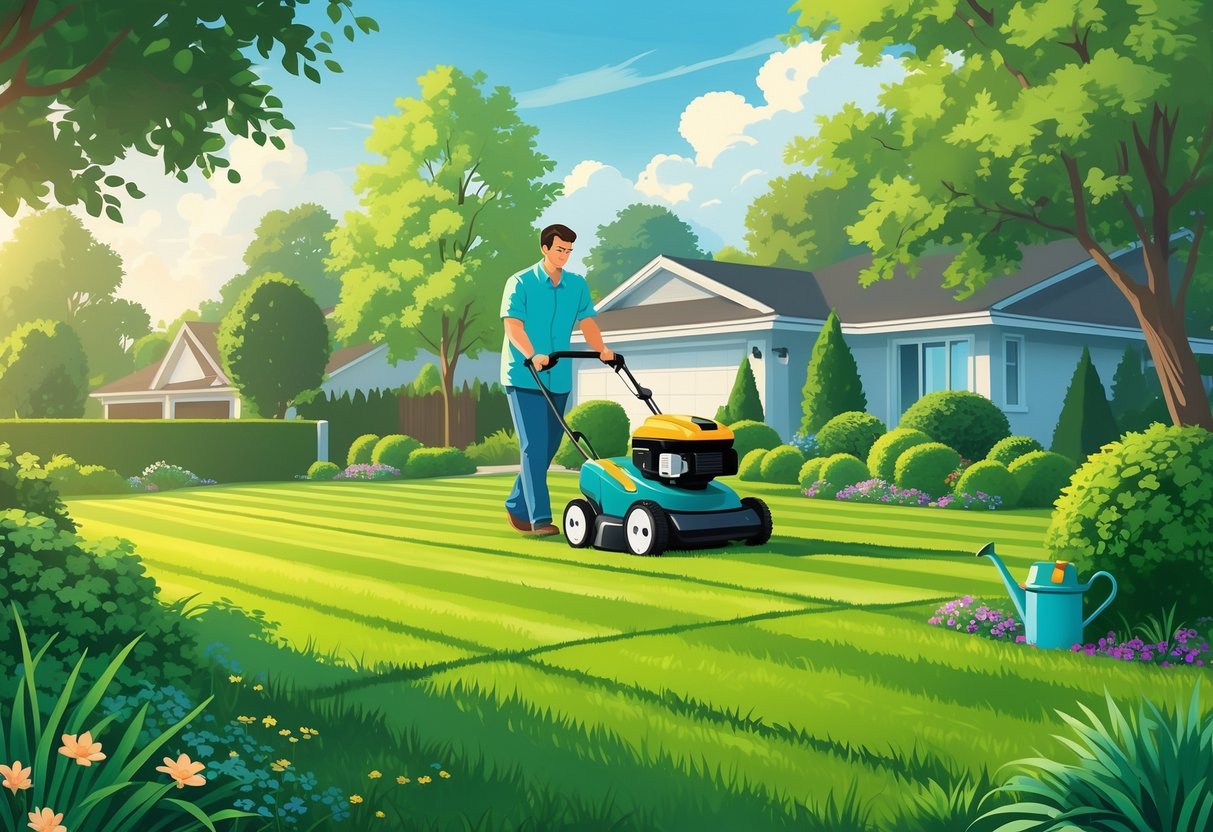 A homeowner mowing a lush green lawn with a push mower in front of a suburban house surrounded by healthy plants and garden tools.
