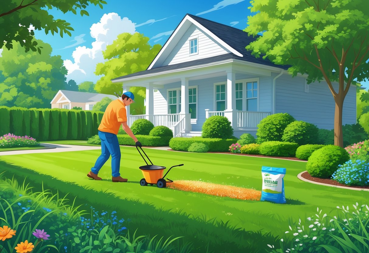 A homeowner fertilizing a lush green lawn in front of a house with shrubs and flowers under a clear blue sky.