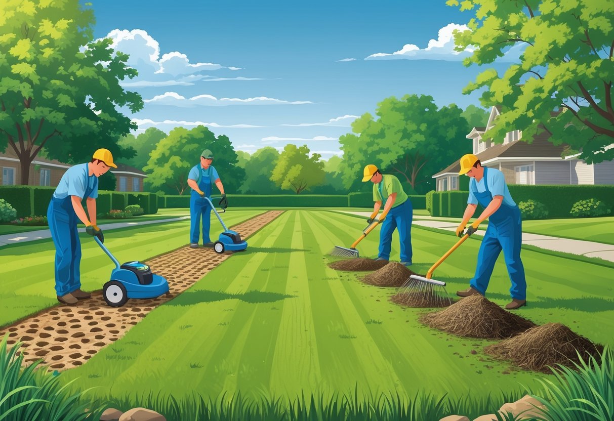 A suburban lawn with three gardeners aerating soil, raking dead grass, and spreading grass seed under a sunny sky.