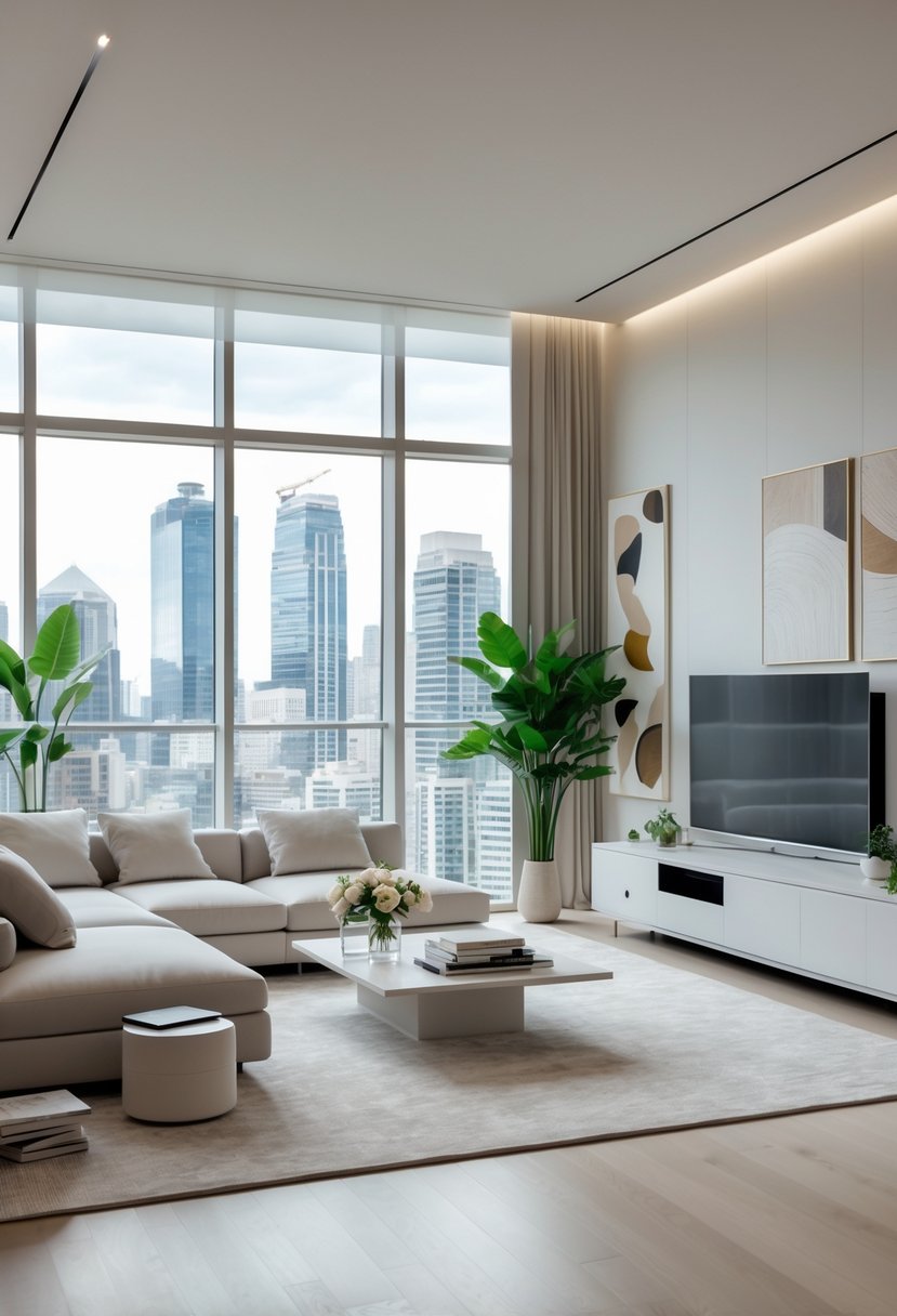 Apartment Living Room Designs 2026: 22 Modern Ideas for Stylish Urban Spaces 2 A bright and spacious apartment living room with a sectional sofa, coffee table, large windows showing a city view, indoor plants, and modern decor.