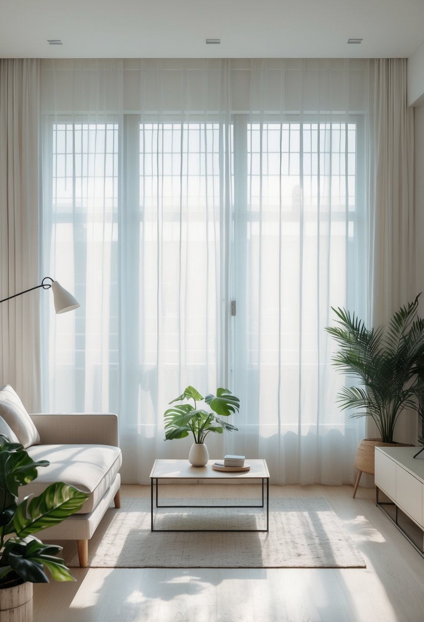 Apartment Living Room Designs 2026: 22 Modern Ideas for Stylish Urban Spaces 3 A bright apartment living room with large windows covered by sheer curtains, filled with natural light and furnished with a sofa, coffee table, and plants.