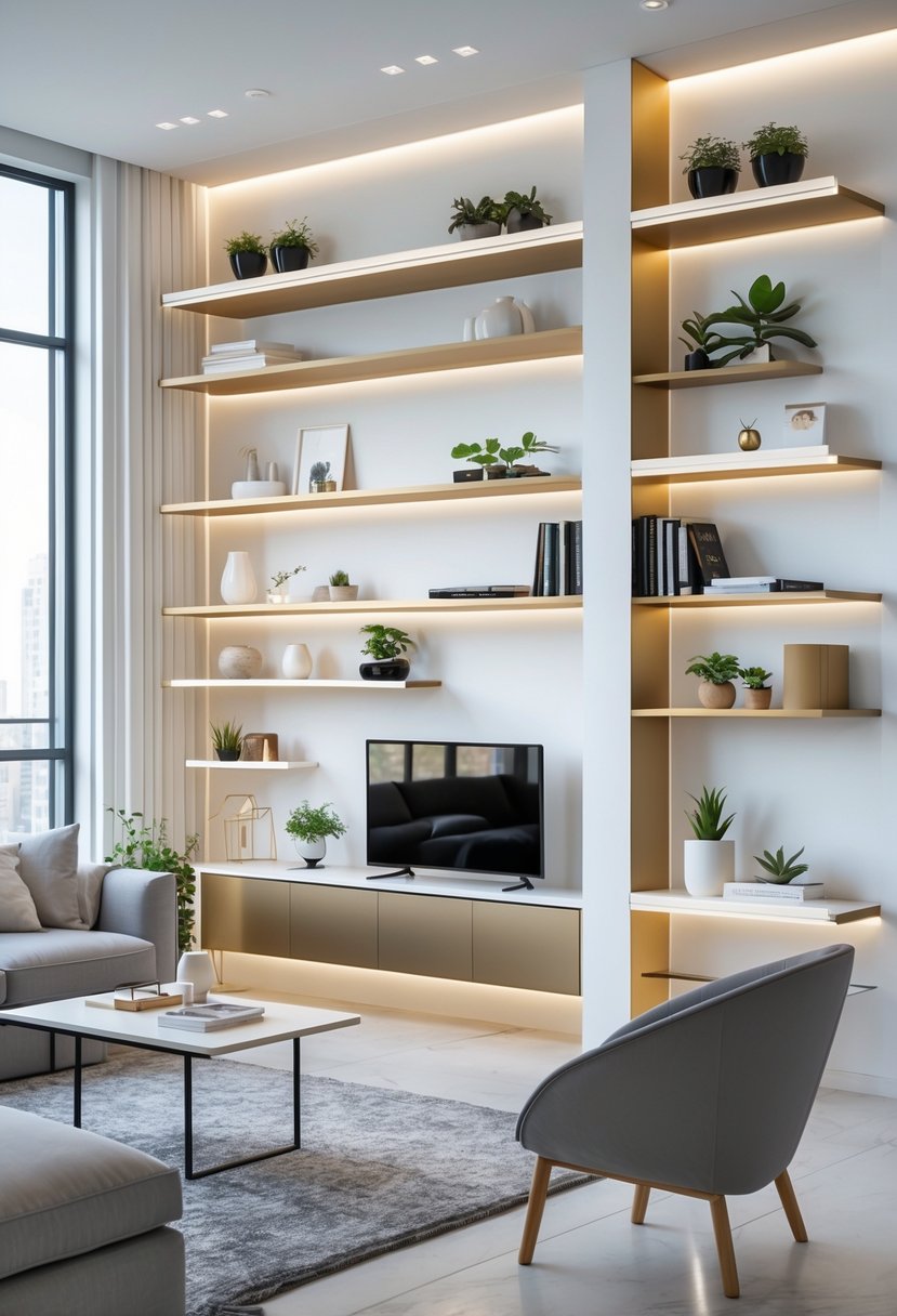 Apartment Living Room Designs 2026: 22 Modern Ideas for Stylish Urban Spaces 5 A modern apartment living room with floating shelves on the walls holding books, plants, and decorative items.