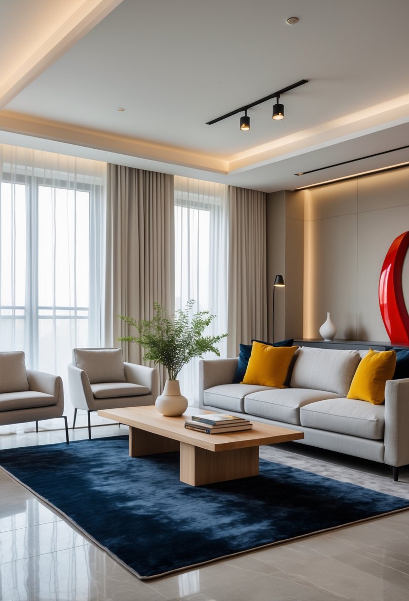 Apartment Living Room Designs 2026: 22 Modern Ideas for Stylish Urban Spaces 6 A bright apartment living room with a large sofa, armchairs, colorful pillows, a coffee table, plants, and large windows letting in natural light.