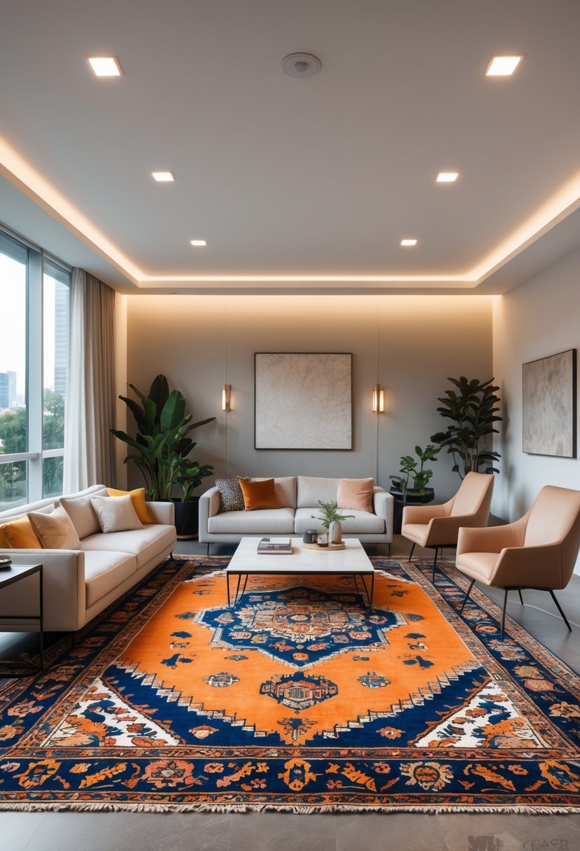 Apartment Living Room Designs 2026: 22 Modern Ideas for Stylish Urban Spaces 7 A spacious apartment living room with a seating area centered on a large colorful rug, featuring a sofa, coffee table, and chairs near large windows.