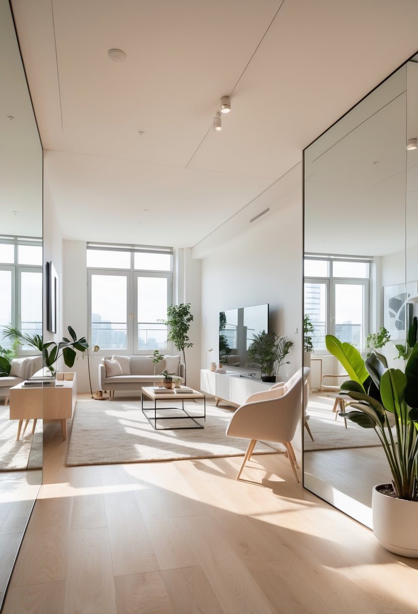 Apartment Living Room Designs 2026: 22 Modern Ideas for Stylish Urban Spaces 9 A modern apartment living room with large mirrors on the walls that make the space appear bigger, featuring contemporary furniture, natural light, and minimalist decor.