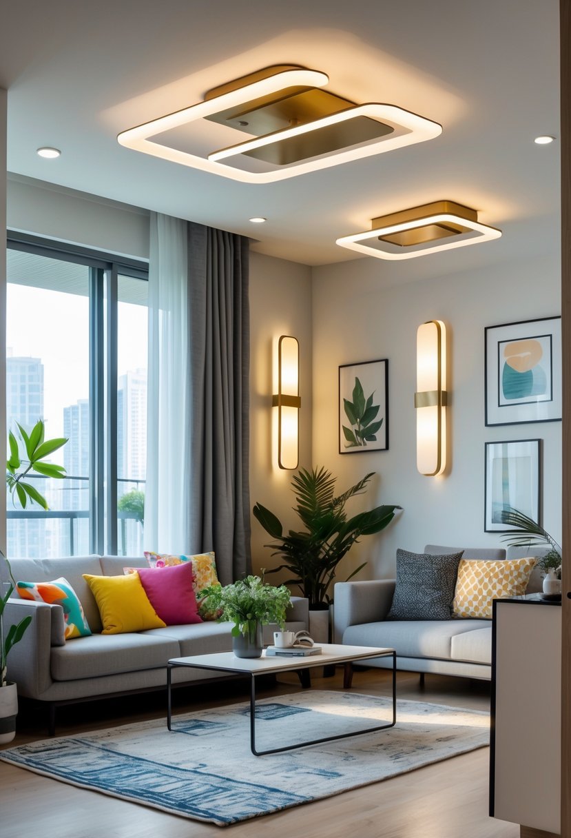 Apartment Living Room Designs 2026: 22 Modern Ideas for Stylish Urban Spaces 11 Apartment living room with wall-mounted lights, a sofa, coffee table, plants, and large windows letting in natural light.