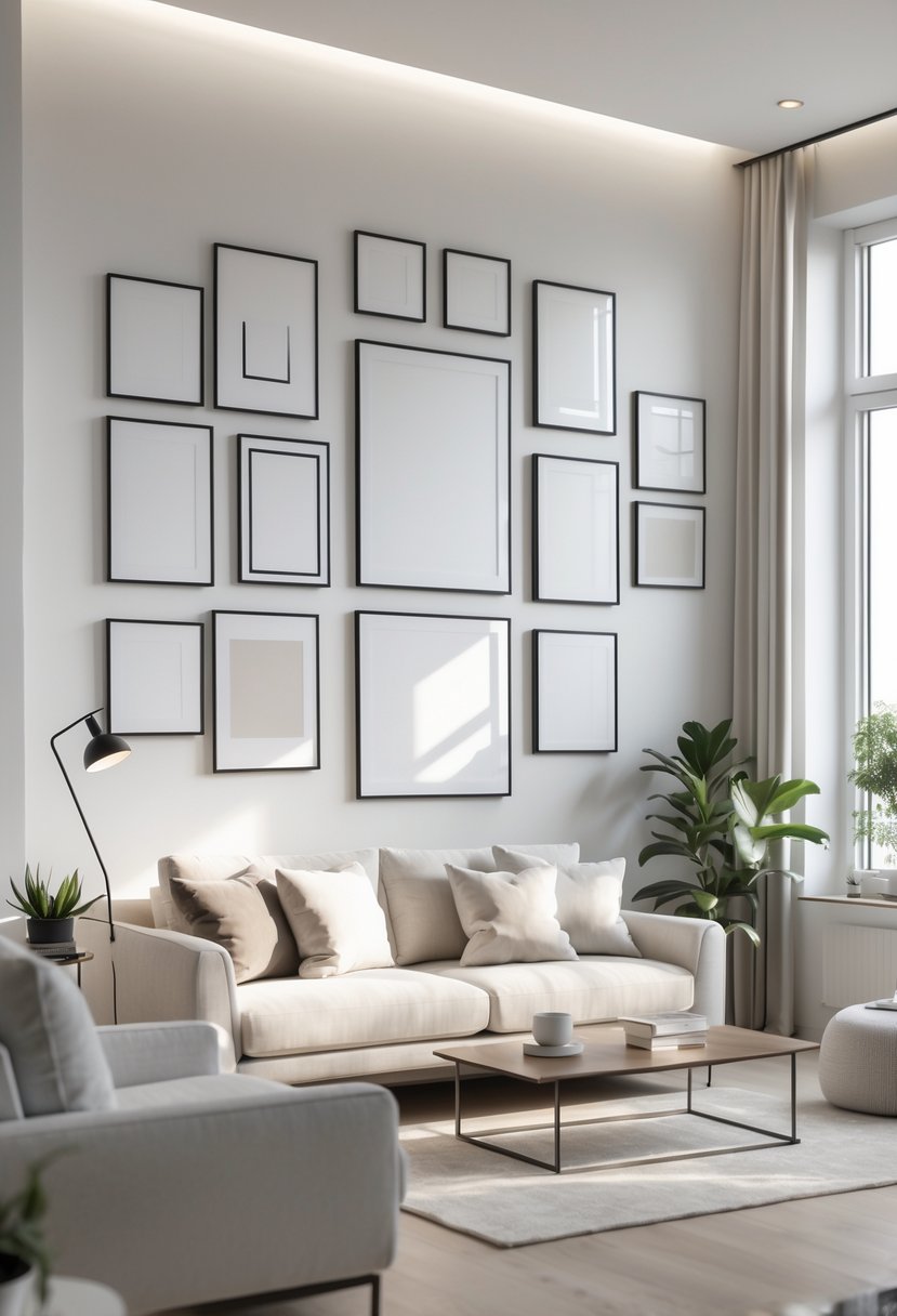Apartment Living Room Designs 2026: 22 Modern Ideas for Stylish Urban Spaces 12 A bright living room with a sofa and a wall displaying a collection of minimalist framed artworks.