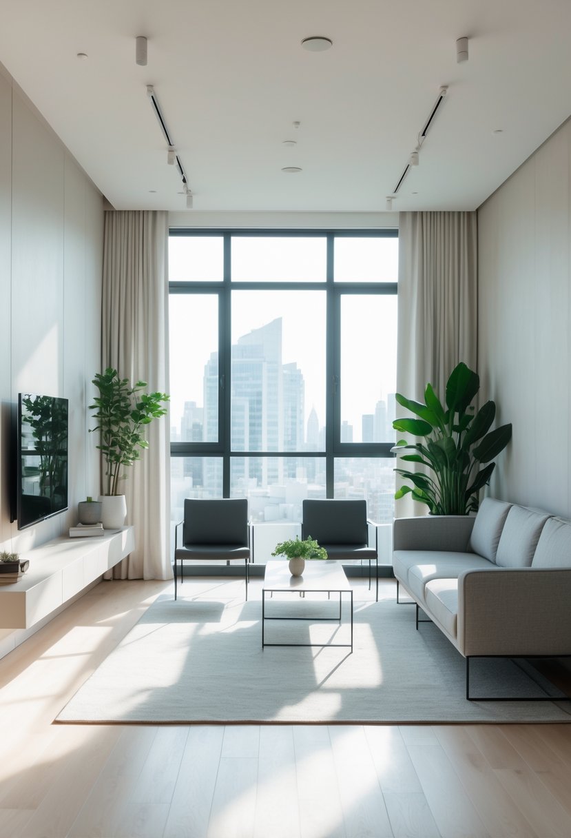 Apartment Living Room Designs 2026: 22 Modern Ideas for Stylish Urban Spaces 14 A bright apartment living room with slim furniture, large windows, and plants.