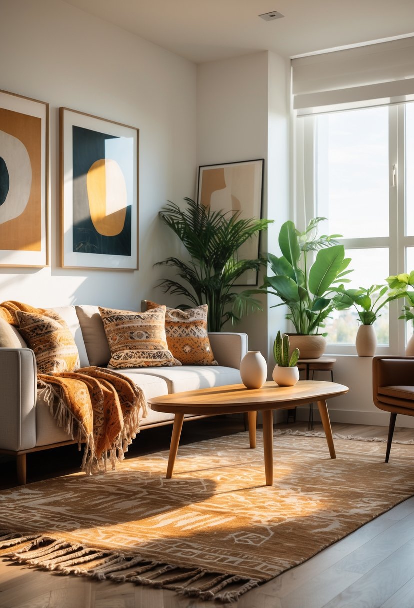 Apartment Living Room Designs 2026: 22 Modern Ideas for Stylish Urban Spaces 15 A bright and cozy apartment living room with a sofa, coffee table, indoor plants, and decorative textiles.