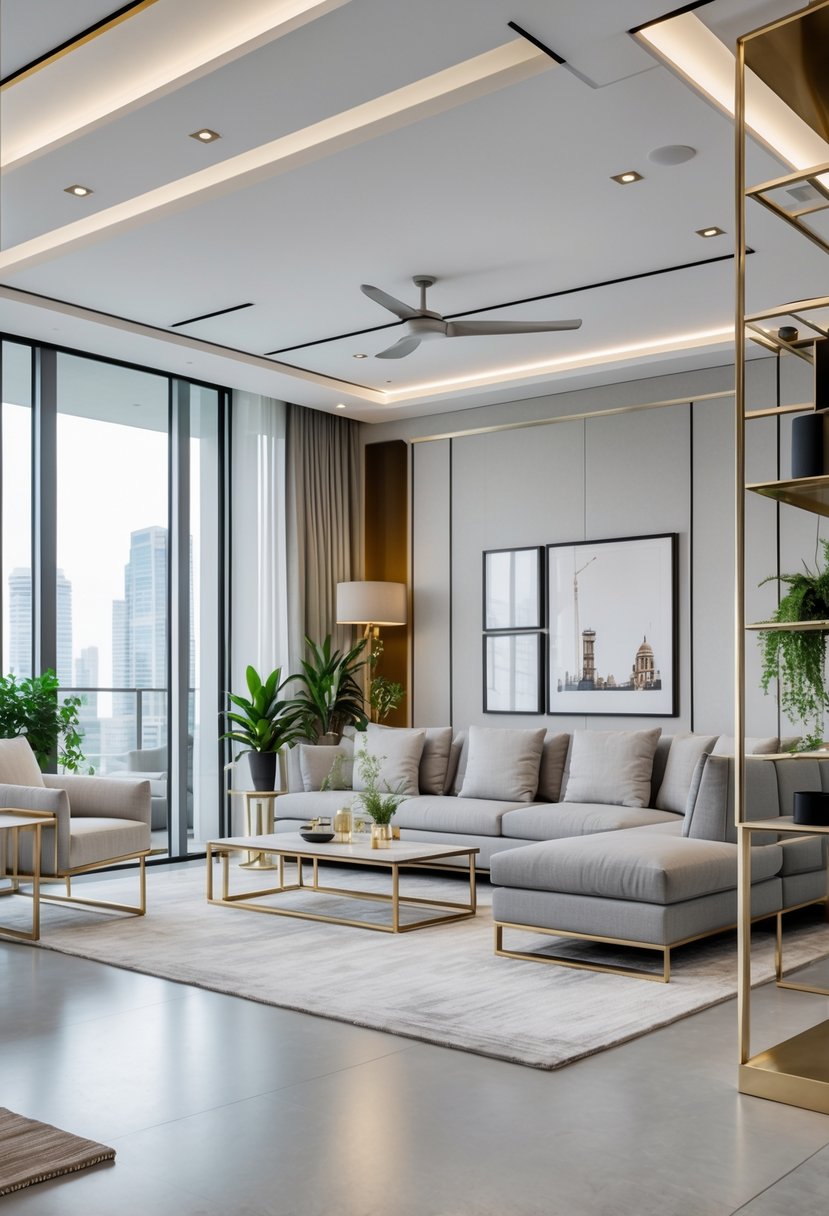 Apartment Living Room Designs 2026: 22 Modern Ideas for Stylish Urban Spaces 17 A bright apartment living room with a sectional sofa, large windows, metallic decorative accents, and indoor plants.