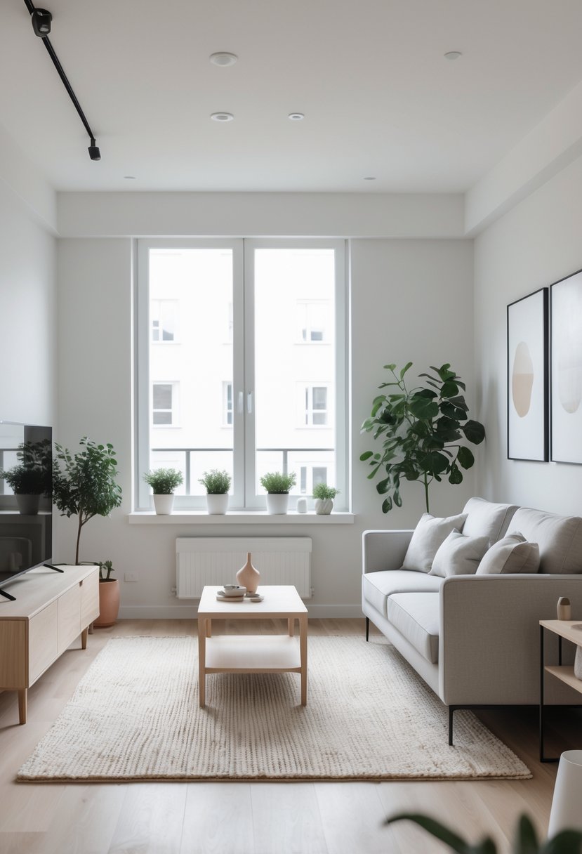Apartment Living Room Designs 2026: 22 Modern Ideas for Stylish Urban Spaces 18 A bright and uncluttered apartment living room with a sofa, coffee table, large windows, and indoor plants.