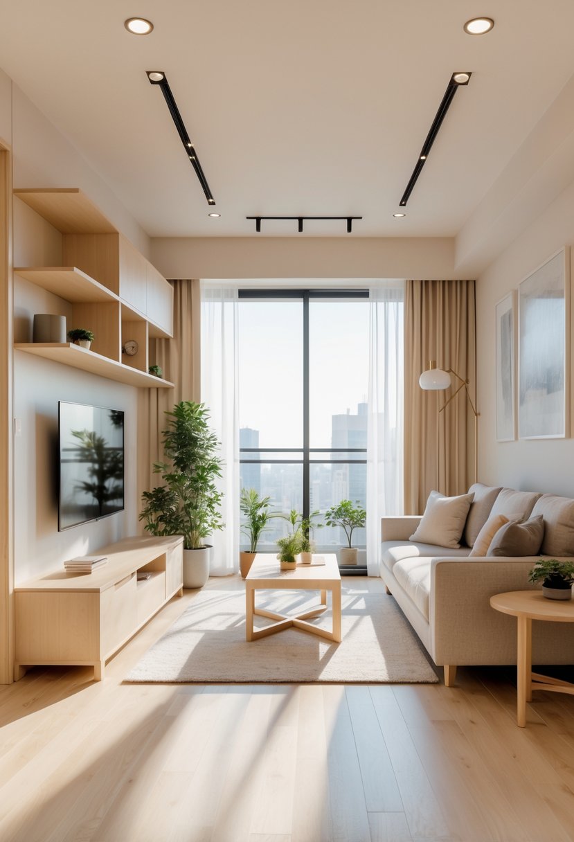 Apartment Living Room Designs 2026: 22 Modern Ideas for Stylish Urban Spaces 19 Bright apartment living room with light wood furniture, large windows, and a comfortable sofa.