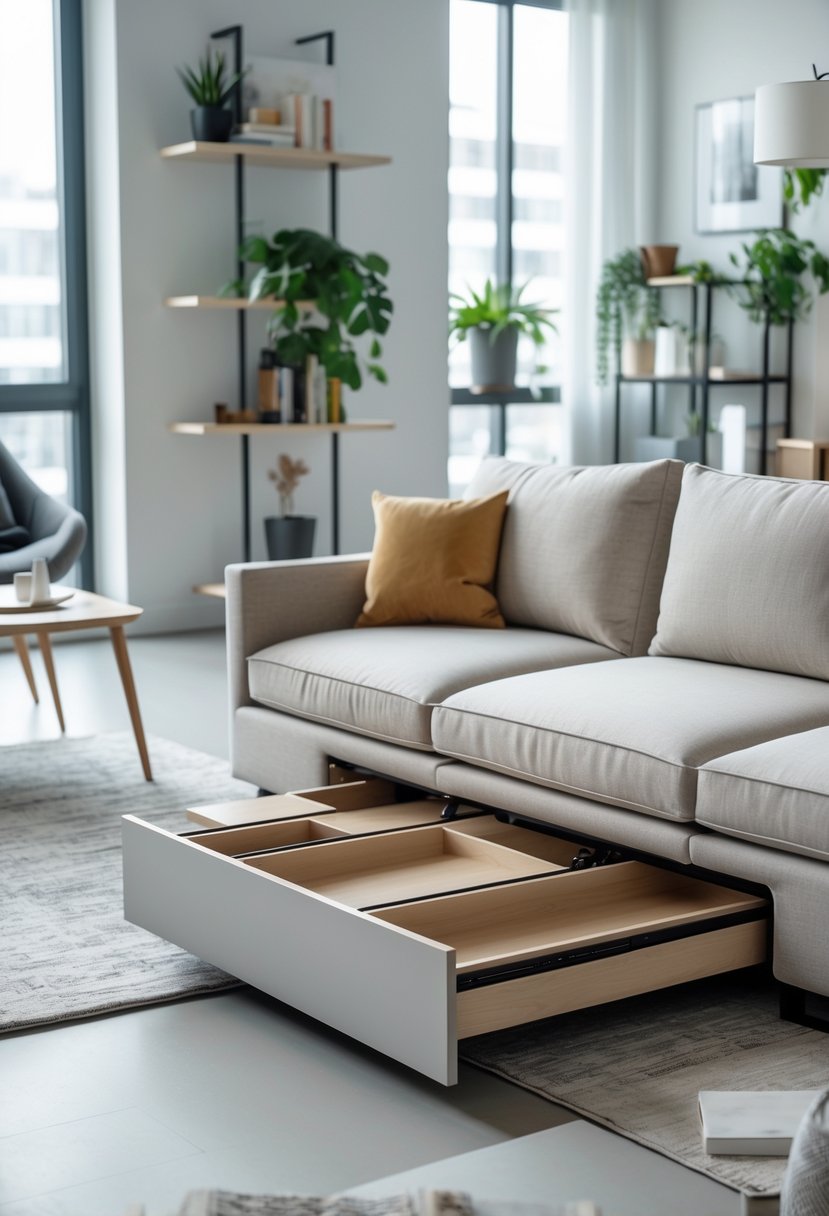 Apartment Living Room Designs 2026: 22 Modern Ideas for Stylish Urban Spaces 21 Modern apartment living room with a sofa featuring built-in storage drawers underneath, surrounded by stylish furniture and natural light.