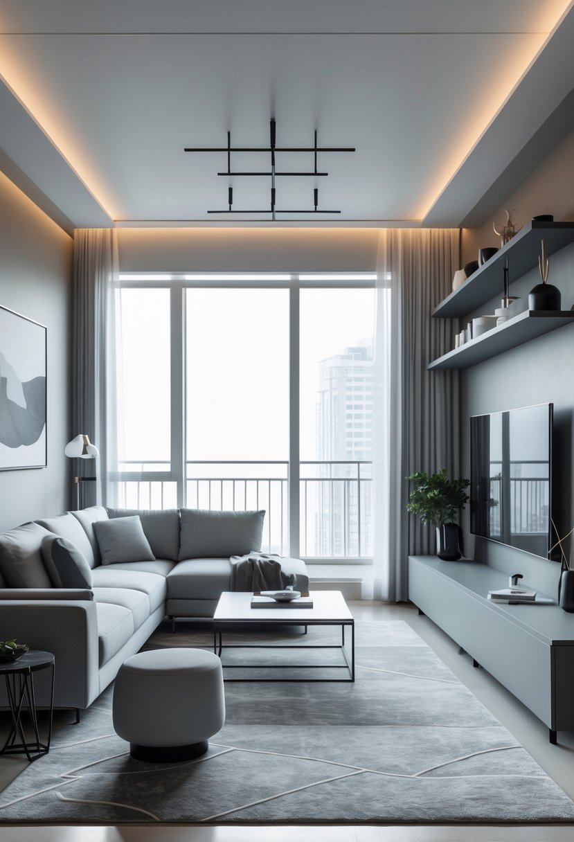 Apartment Living Room Designs 2026: 22 Modern Ideas for Stylish Urban Spaces 22 A modern apartment living room with a sofa, coffee table, shelving, and large windows letting in natural light.