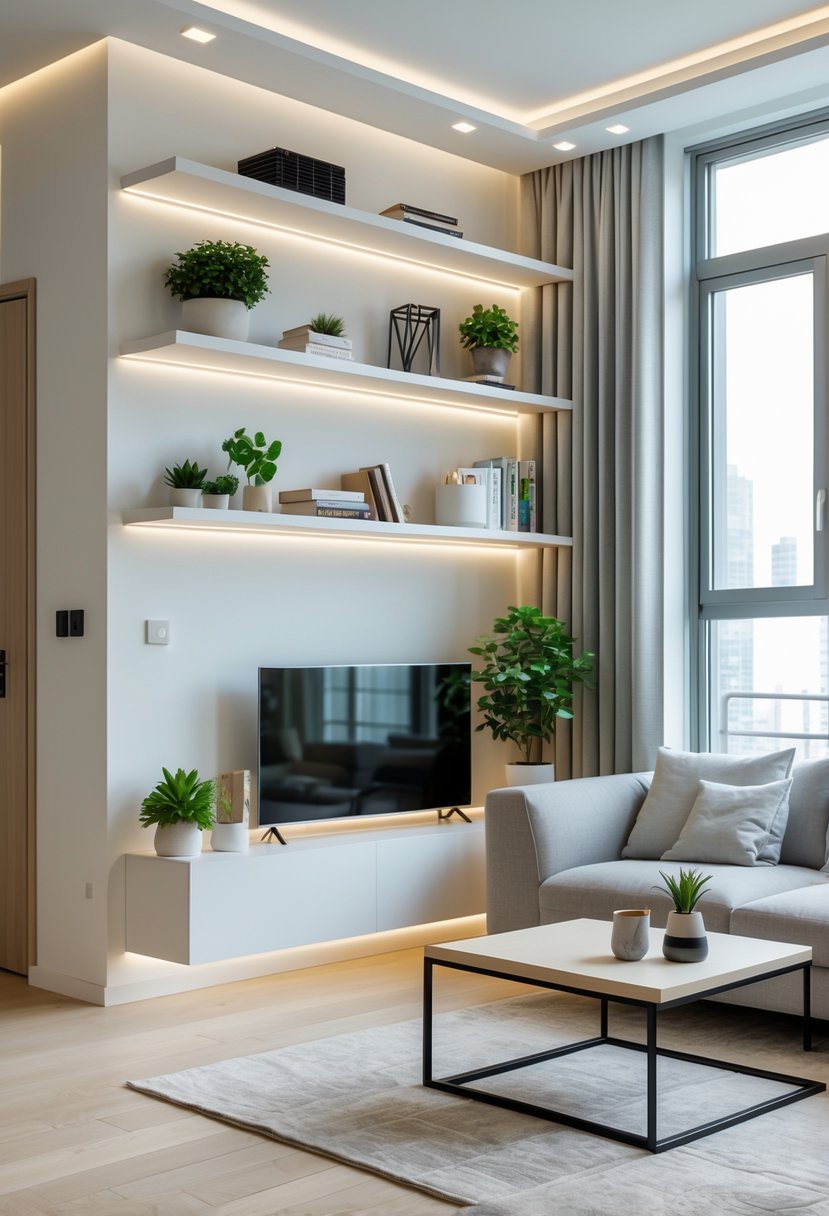 Apartment Living Room Designs 2026: 22 Modern Ideas for Stylish Urban Spaces 24 A modern apartment living room with angled corner shelves holding books and plants, featuring a sofa and coffee table near large windows.