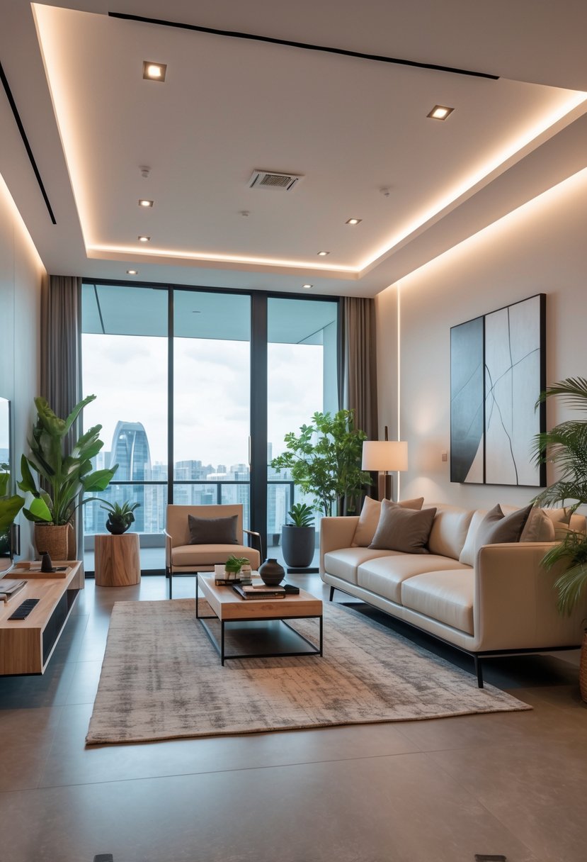 Apartment Living Room Designs 2026: 22 Modern Ideas for Stylish Urban Spaces 25 A bright and spacious apartment living room with a sofa, coffee table, plants, and large windows letting in natural light.