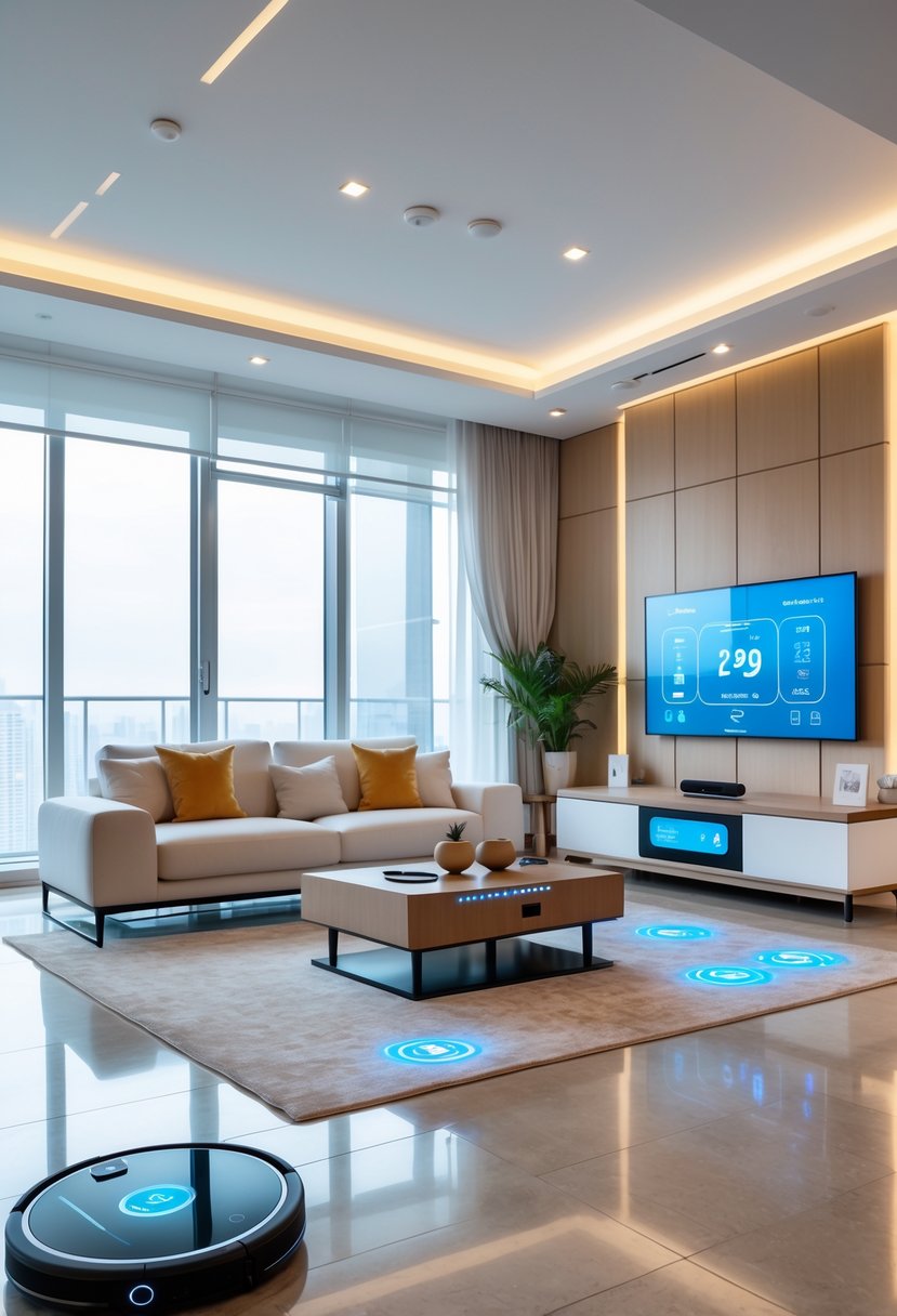 Apartment Living Room Designs 2026: 22 Modern Ideas for Stylish Urban Spaces 26 A bright apartment living room with modern furniture and visible smart home devices including automated blinds, a flat-screen TV, and ambient lighting.