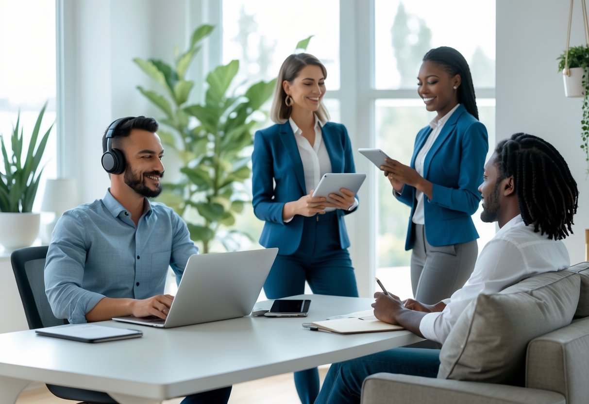 Three people working remotely in a bright home office with laptops and tablets, engaged in discussion and focused on their tasks.