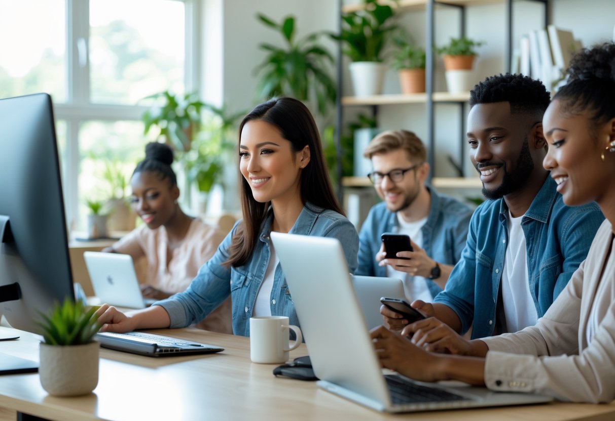 A group of diverse people working remotely from a bright home office with laptops, tablets, and smartphones.