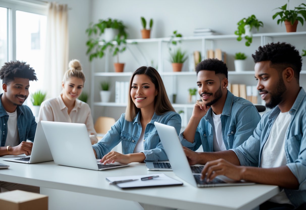 A group of young adults working remotely from home using laptops and tablets in a bright, modern home office.