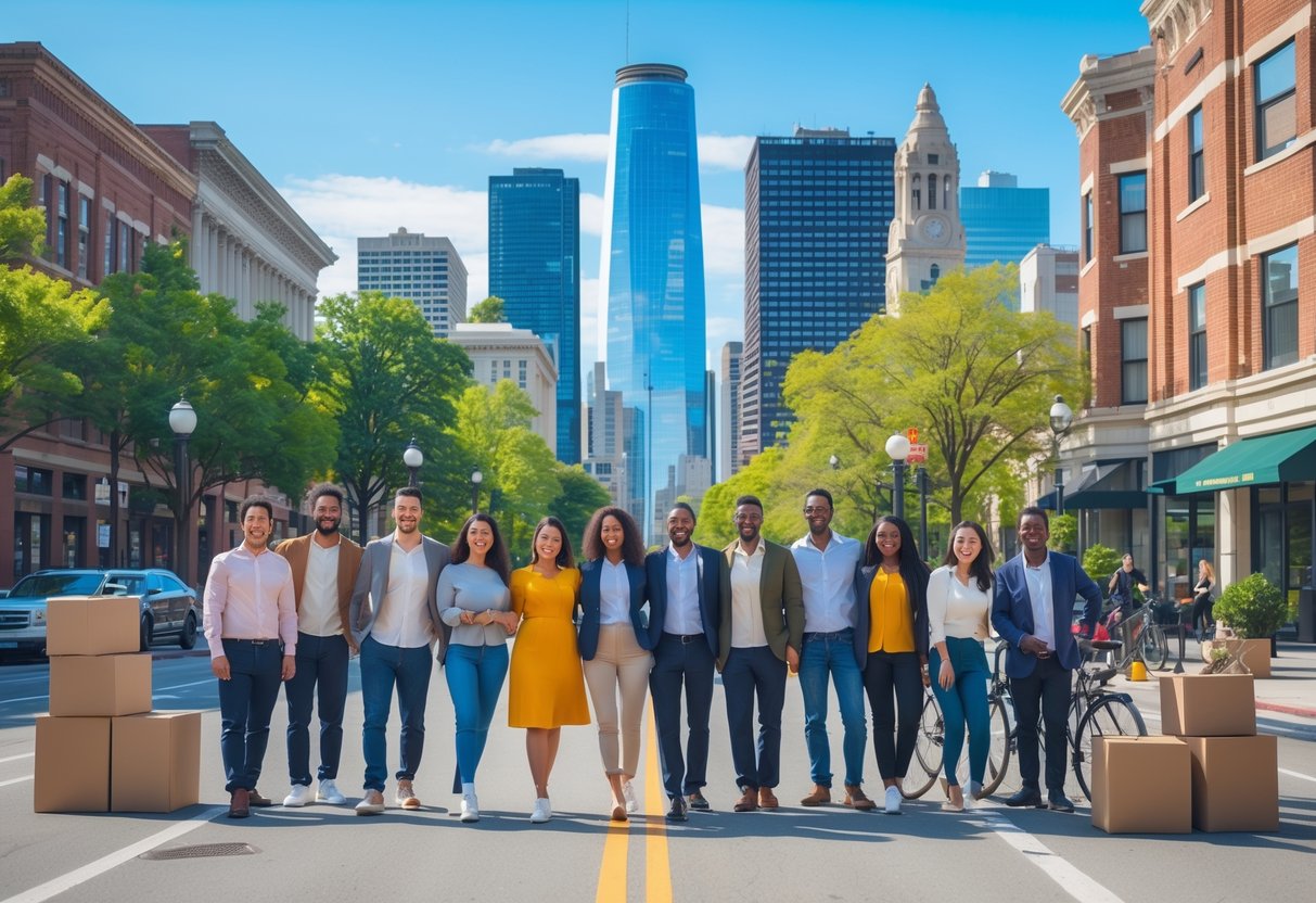 U.S. Cities That Pay You to Move There (Relocation Grants) A diverse group of people smiling and standing in front of city buildings and parks on a sunny day.