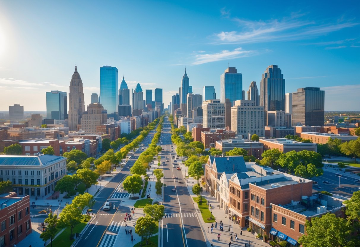 U.S. Cities That Pay You to Move There (Relocation Grants) A bright aerial view of multiple U.S. city skylines with buildings, parks, and streets showing people and traffic, suggesting vibrant urban life and new residents moving in.