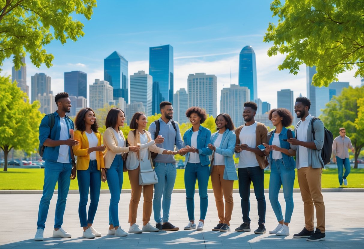 U.S. Cities That Pay You to Move There (Relocation Grants) A diverse group of people smiling and interacting in a city park with a modern city skyline behind them on a sunny day.