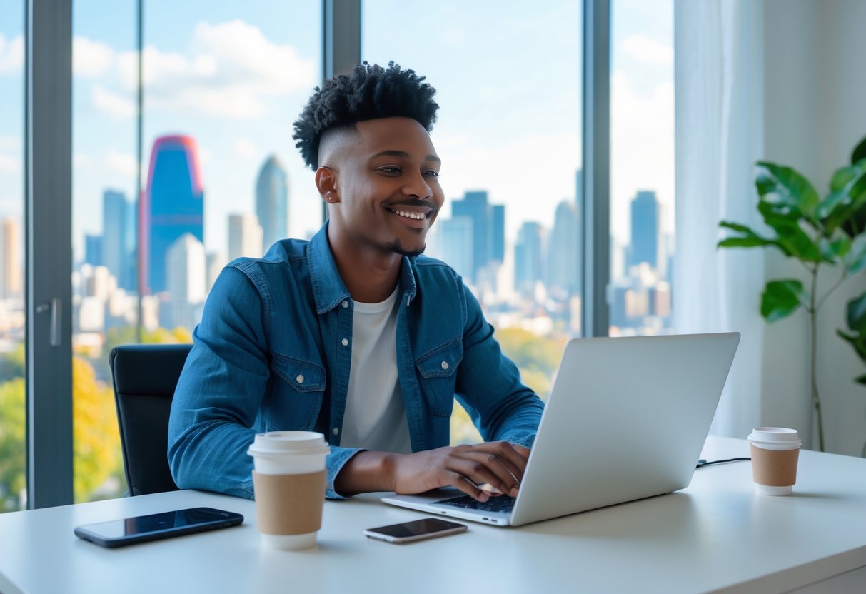 Remote Work Incentives: Cities That Pay Remote Workers to Relocate A person working on a laptop at a desk in a home office with a city skyline visible through a window.